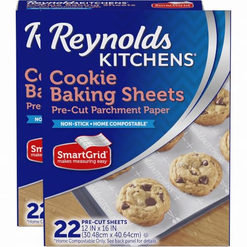 Reynolds Kitchens Cookie Baking Sheets, Pre-Cut Baking Parchment Paper Sheets for Cookies, Oven-Safe up to 425 Degrees, Reusable Up to 3X, No-Mess Cleanup, 12 in x 16 in, 22 Count (Pack of 2) - size: 22 Count (Pack of 2), style: Baking Sheets
