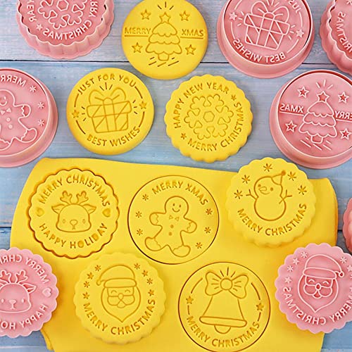 8 Pieces Round Christmas Cookie Cutter Cookie Moulds For Baking Cookie Mould Press Christmas Cookie Mould Set Kitchen Tools Plastic Cookie Stamps (Christmas B)