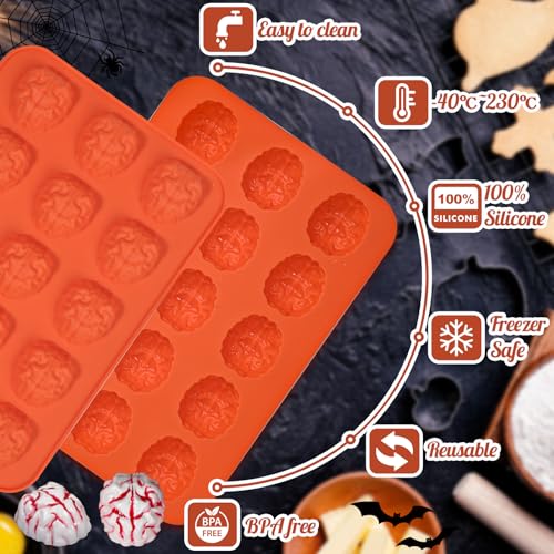 Webake Brain Chocolate Mold, Bite Size Halloween Brain Silicone Molds 15-Cavity for Halloween Plaster, Chocolate, Candy, Jello, Cupcake, Treats, Pack of 2 - style: Brain