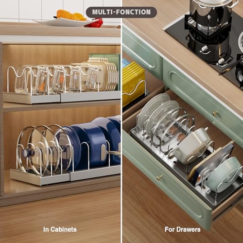 Magheo 2 Pack Expandable Food Storage Container Lid Organizers, 22" Pots and Pans Organizer Under Cabinet with 9 Adjustable Dividers Pot and Pan Lid Holders Rack Inside Cabinet(Gray) - color: Gray, size: (2 Pack)22.4"D x 7.9"W x 6.3"H