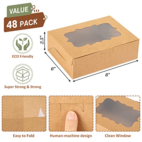TOMNK 48pcs Cookie Boxes with 3 Style Window,8x6x2.5in Brown Bakery Boxes