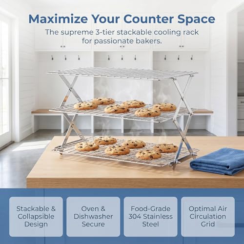 Collapsible Cooling Rack with Adjustable 3 Setting, Wire Cooling Roasting Cooking Baking Drying Rack for Cookies Bread Turkey, Candy, Fruit, Snacks (Silver- 3 Tier) - size: Silver- 3 Tier