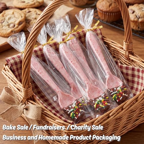 Wowfit 100 CT 2x10 Clear Cellophane Pretzel Rod Bags, 4" Gold Twist Ties - size: 2x10 Inch (Pack of 100)
