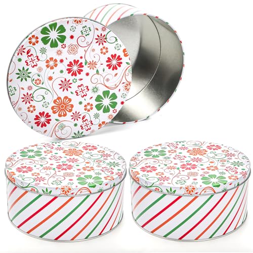 Yopay 3 Pack Round Decorative Cookie Tins, Food Safe Metal Gift Tins