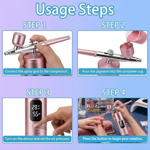Cordless Airbrush Kit with Compressor,48 PSI High-Pressure, 6000mAh Rechargeable, 3-Speed Adjustable - 0.2/0.5 mm Nozzles & 3 Cups,Non-Clogging for Cake,Models, Makeup,Painting,Nails Art (Pink)