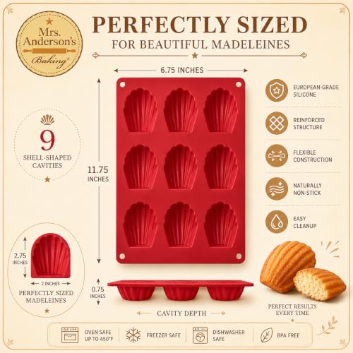 Mrs. Anderson's Baking Silicone Madeleine Cookie Pan, 9 Cup, European-Grade Silicone Bakeware, For Madeleine Cookies And Shell-Shaped Pastries - style: Madeleine