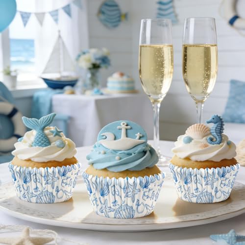 AnyDesign 300Pcs Last Toast on the Coast Cupcake Liners Paper Baking Cups Summer Blue Coastal Beach Standard Muffin Cupcake Wrappers for Bachelorette Bridal Shower Wedding Party Supplies - style: Coastal Beach