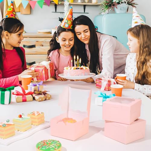 25pcs Pink Small cookie boxes,4x4x2.5 Inch Bakery Boxes with Window,gift boxes bulk for Mini Cake Pastry Dessert Strawberries Chocolates Cupcakes with Stickers - color: Pink/25pcs