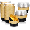 100 Pcs 8 oz Disposable Ramekins with Lids Creme Brulee Ramekins Aluminum Foil Baking Cups for Cupcakes, Cheesecake, Catering, Wedding, Party (Black, Gold)