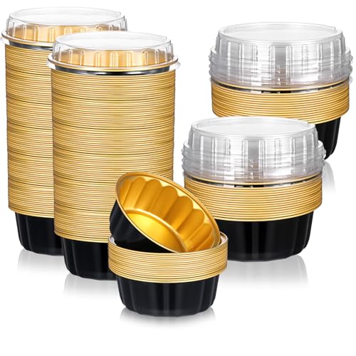 100 Pcs 8 oz Disposable Ramekins with Lids Creme Brulee Ramekins Aluminum Foil Baking Cups for Cupcakes, Cheesecake, Catering, Wedding, Party (Black, Gold)