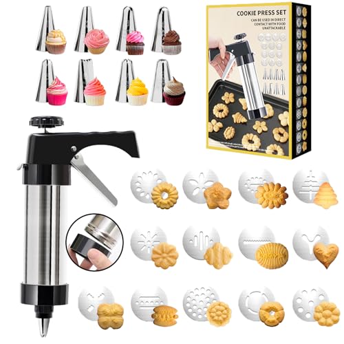 Cookie Press Gun Black - Spritz Cookie Press Kit with 13 Discs & 8 Piping Tips | Perfect for Thanksgiving Christmas, Baking & Cake Decorating