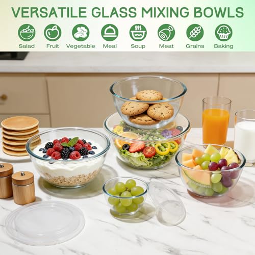 Glass Mixing Bowls with Lids Set of 5(4.7QT, 2.9QT, 2.2QT, 1.1QT, 0.53QT), Thick Glass Large Salad Bowls, Space-Saving Nesting Bowls for Kitchen Baking, Prepping, Cooking, Dishwasher, Microwave Safe