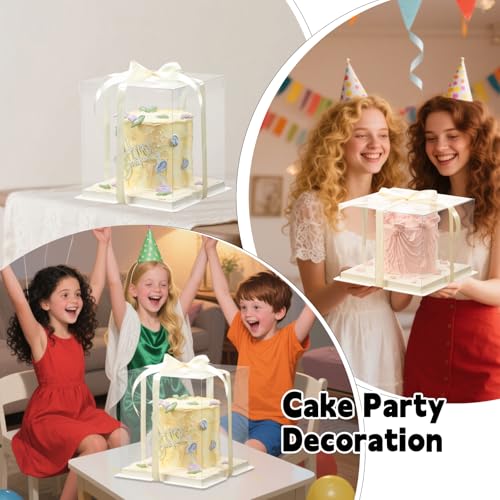 8 Pcs Clear Gift Box with Ribbon 2-Layer 8.5x8.5x9 Inch, Transparent Cake Carrier Box with Lids, PET Tall Cake Packaging Boxes, Clear Gift Boxes for Birthday,Wedding and Festival Party - size: 8.5*8.5*9 in