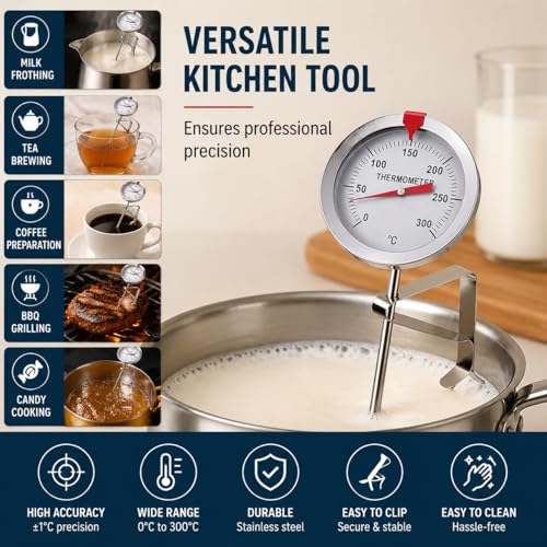 Candy Thermometer Oil Thermometer for Frying with Clip 304 Stainless Steel Deep Fry Thermometers with High Temperature Glass Gauge for Milk Coffee Tea BBQ and Food Cooking Kitchen Tool (S) - size: S