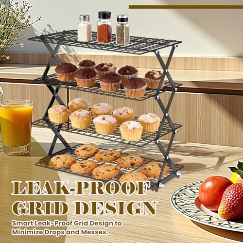 BEWOS 4 Tier Collapsible Cooling Rack - Adjustable Black Stainless Steel Baking Rack with Mesh Leak Proof, Foldable X-Shaped Structure Cooling Racks for Cooking and Baking - color: Black, size: 4 Tier