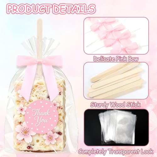 100 Sets Clear Rice Krispie Treat Bags with Pink Bow Ties, Thank You Stickers and Sticks, 4x6in Rice Crispy Treat Bags Flat Cellophane Bags for Individually Wrapped Rice Crispy Cake Pops Cookie Candy Chocolate