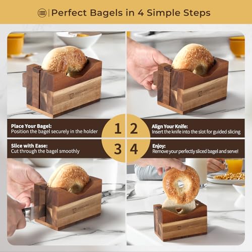 Annie & Mia Design Premium Acacia Wood Bagel Slicer For Large Bagel Stylish Hand Crafted Wood Bagel Cutter With Ergonomic Designed Handle Grip
