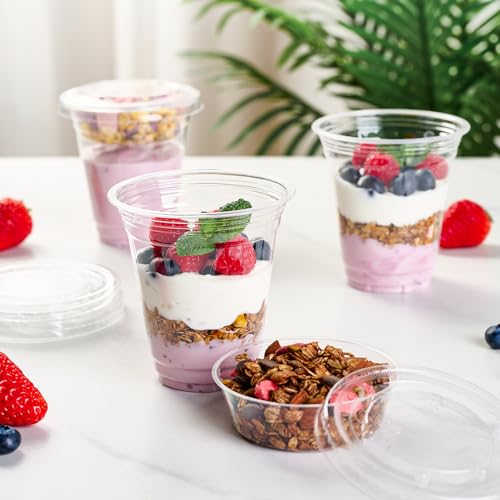 50 Sets 12 oz Disposable Plastic Parfait Cups with Insert & Flat lids - size: Flat Lids - 12 oz