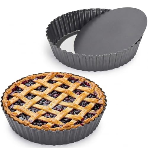 2 Pack 10 Inch Nonstick Tart Pan, Quiche Pan, Carbon Steel Deep-dish Pie Pan with Removable Loose Bottom Quiche Baking Dish - size: 10" x 2.2"