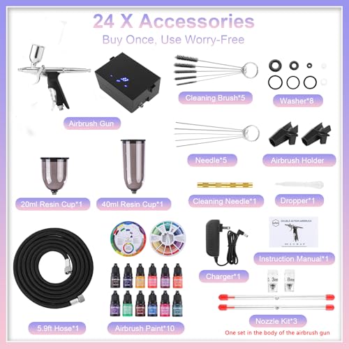 Airbrush Kit With Compressor, 40 Psi, 3 Nozzles, 10 Paints