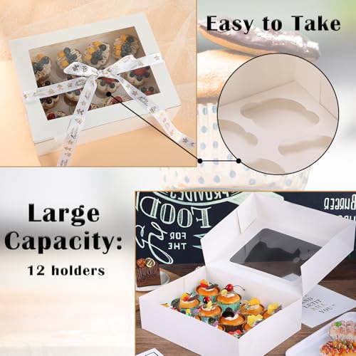 18 Pack Cupcake Boxes Hold 12 Standard Cupcakes, 13 x 10 x 3.5 Inch Paper Dozen Cupcake Containers Bulk with Window and Inserts, Disposable Bakery Pastry Carrier for Muffins, Cookies, White