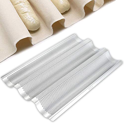 AYCCNH Stainless Steel Perforated French Baguette Bread Pan 3 Waves Toaster Oven Baking Tray (15"x10") with Large Bread Proofing Cloth (17.7" x 30.3") - size: 1 Steel Pan & Cloth