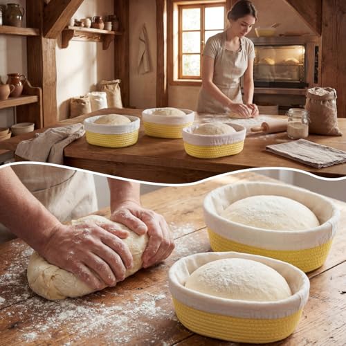4 Pcs 10 Inch Bread Proofing Basket Set Cotton Rope Oval Banneton Basket Sourdough Bread with Liners Covers for Baking Supplies (Yellow) - color: Yellow, size: 10 Inch