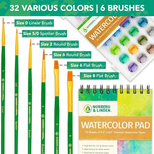 Norberg & Linden Watercolor Paint Set - 36 Premium Paints - 12 Page Pad - 6 Brushes - Painting Supplies with Palette, Watercolors, Art Pad Paper and Artist Brushes