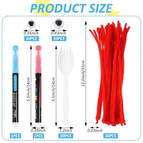 50 Set Fork Craft Kit Disposable Creativity Sporks DIY Fork Creativity Set Include Sporks Red Pipe Cleaners Self Adhesive Wiggle Googly Eyes Make Your Own Craft Kit for Party Projects