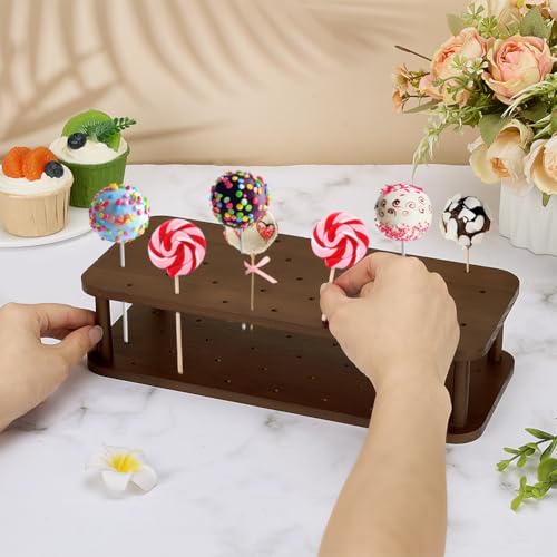 PH PandaHall Wood Cake Pop Stand for 37 Holes Wooden Lollipop Display Stand Cake Pop Holder for Wedding Candy Display Decor (Brown) - color: Brown