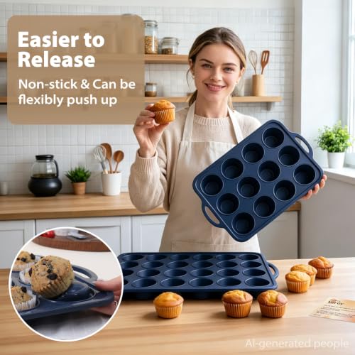 2 Pack Silicone Muffin Pan 12 & 24 with Frame Non Stick Cupcake Baking Tin - color: Gray, size: Regular & Mini: 12 Cup & 24 Cup