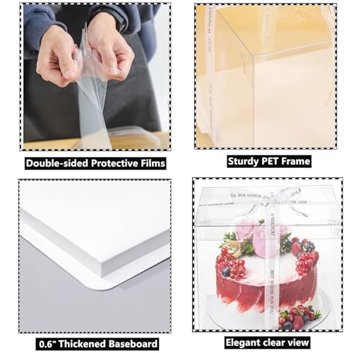 6 Pack Clear Cake Box, Transparent Cake Box for 2 Tiered Cake, 8x8x9Inch Tall Cake Carrier Box with Sturdy Board for Bakery Dessert Bread Pastry Birthday Parties Wedding Graduation