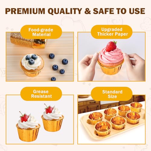 100Pack Gold Cupcake Liners, 3.5oz Baking Cupcake Cups, Mini Disposable Foil Muffin Liners, Grease-proof Paper Ramekin Oven-safe Cupcake Tins for Valentine Christmas Wedding Birthday Party with Spoons - color: Gold