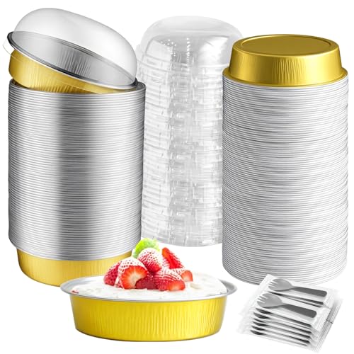 Mini Cake Pans With Lids And Spoons, Baking Tins For Round Small Desserts 7 Oz Aluminum Foil Baking Pans Disposable Ramekins Individual Cake Containers Holders For Tart Quiche Flan (50, Gold) - color: Gold