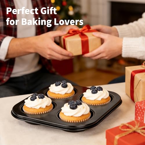 2 Pack 4-Cup 6/12/24/48 Cups Round Muffin Pan, Heavy-Duty Carbon Steel Nonstick Cupcake Baking Pan, 2.56” Standard Size Cups, Compact 7.28” Square Design, Oven & Dishwasher Safe - color: 4 Cups 2 Pack