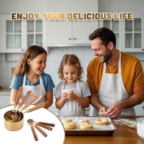 Premium Stainless Steel Measuring Cups and Spoons Set with Wood Handle - color: Gold8