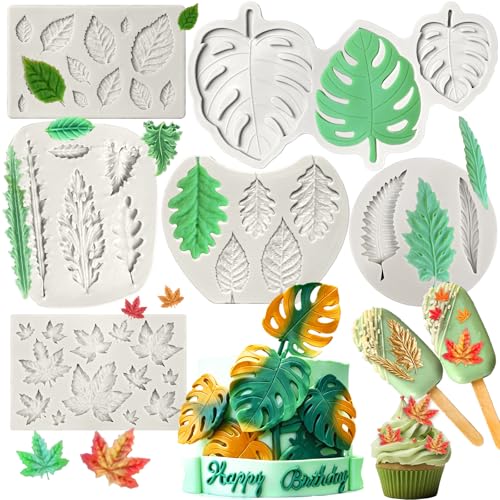 Leaf Silicone Mold, 6 Pcs Fall Leaf Fondant Molds Monstera 41 Cavity - color: Leaves
