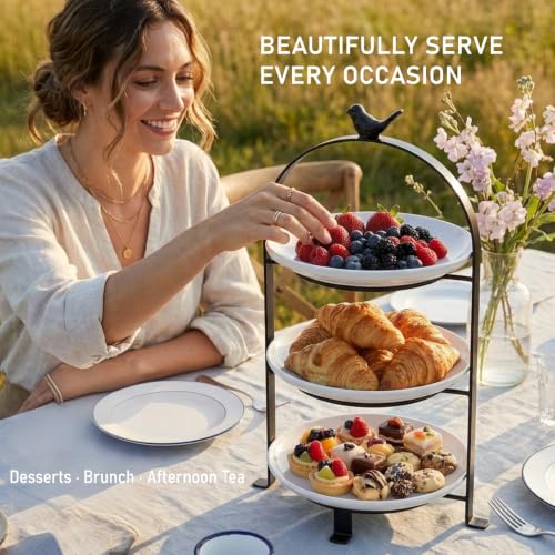 SparkWorks 3 Tiered Cake Stand, Tea Party Serving Platter, Dessert and Cupcake Stand, Metal Tiered Serving Stand Includes Three Premium White Stoneware Plates - size: 8.5 inch