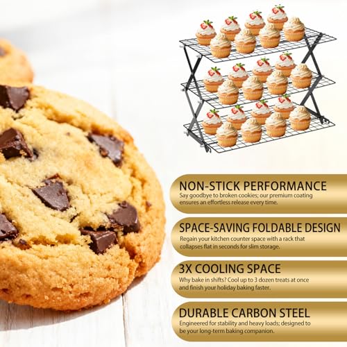 3-Tier Stackable Cooling Rack for Baking, Collapsible Wire Cookie Rack with Adjustable Heights, Non-Stick Roasting & Drying Rack for Cupcakes, Pies and Pastries, Space-Saving Kitchen Essential - size: 3 Tiers