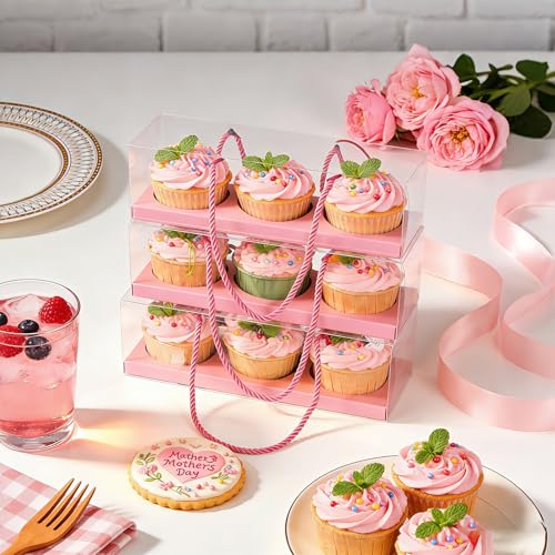 20Pcs Clear Cupcake Boxes with Handle, Cupcake Carrier for Party - color: Pink
