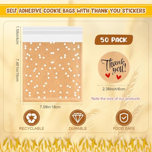 Fuyoooo 50 Pcs Self Adhesive Cookie Bags Cellophane Polka Dot Treat Bags Small Plastic with Thank You Stickers for Party Gift Giving Bakery Biscuit Candy Pastry (7.1 x 7.5 Inch) - size: 7.1 x 7.5 inch