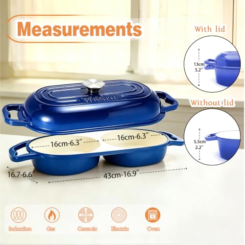 DIY Double Dutch Oven for Sourdough Bread Baking – Enamel Cast Iron Bread Baker with Lid, Bake Two Different Loaves at Once, 500°F Oven Safe, Includes 2×9" Banneton Proofing Baskets - color: Dark blue