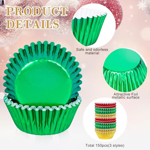 Whaline 150Pcs Christmas Foil Cupcake Liners Red Green Gold Foil Metallic Cupcake Wrappers Muffin Liners for Christmas Holiday Party Supplies Table Decor - color: Red Green Gold