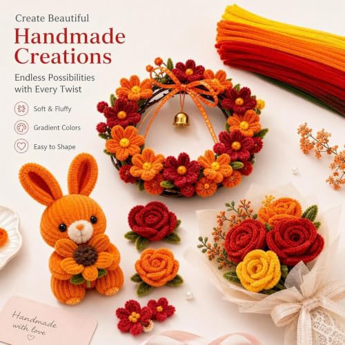 976Pcs Red Pipe Cleaners Flower Kit,7 Colors Soft Chenille Stems - color: Red and orange colour