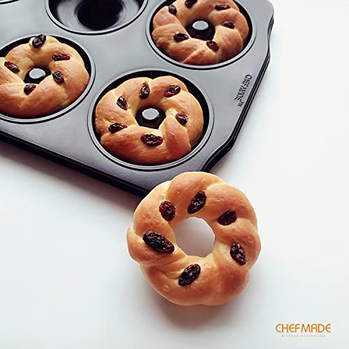 CHEFMADE Donut Pan, Nonstick 6 Cavity Jumbo Ring Doughnut Pan for Baking Cookies Bagel, Set of 2 (Black) - style: 6 Cavity Donut*2