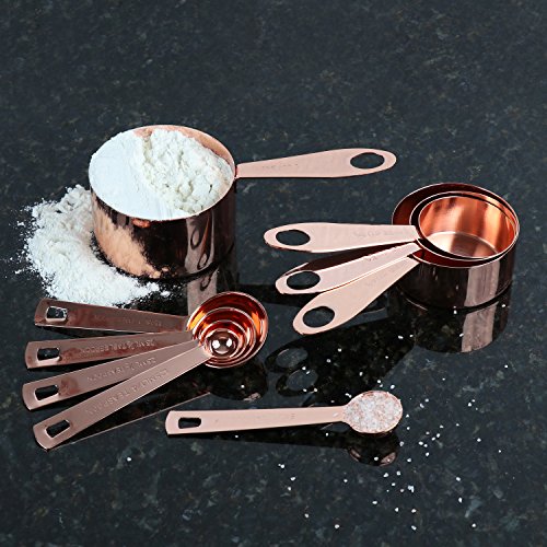 Copper Measuring Cups and Spoons Set - 9-Piece Food-Grade Stainless Steel Measuring Set with 2 Storage Rings for Heavy Duty Cooking & Baking, Rose Gold