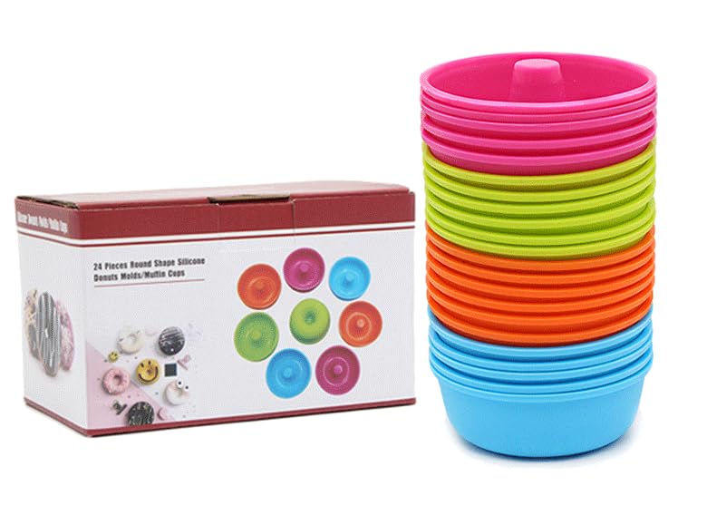 Silicone Donut Baking Cups, Cupcake Cups Reusable Muffin Liners, Multicolor, 3 Inches, Non-Stick, 24 Pack