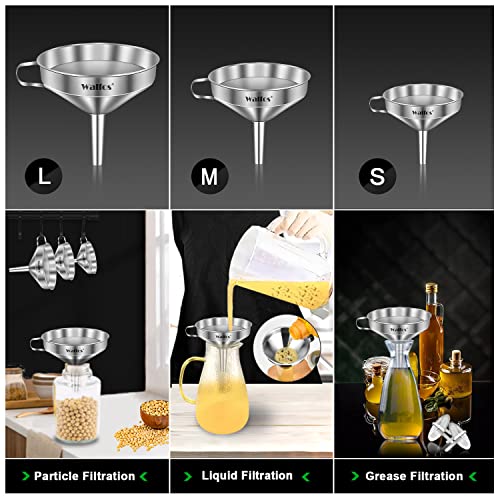 Stainless Steel Funnel, Walfos 3 Pack Kitchen Funnel with 2 Removable Strainer ＆ 1Pcs Cleaning Brush, Perfect for Transferring of Liquid, Oils, Jam, Dry Ingredients & Powder - color: 3pcs 5.7in+4.9in+4.1in Stainless Steel