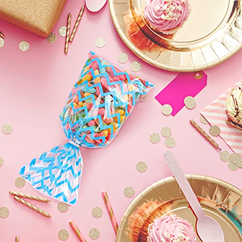 Aodaer 100 Pieces 10.6 x 5.1 In Blue Cellophane Bags Plastic Candy Bags Cellophane Treat Bag Polka Dot Stripes Printed Pattern Goodie Gift Bag with Twist Ties for Birthday, Baby Showers, Weddings Party Supplies - color: Blue