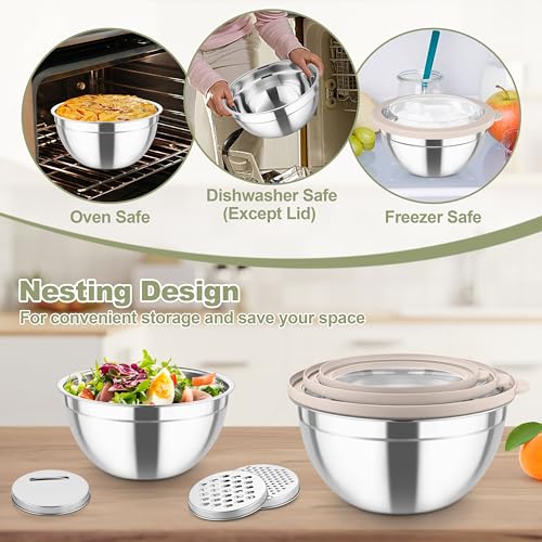 TeamFar Mixing Bowls, Stainless Steel Salad Serving Bowl with Clear Lids - color: Khaki